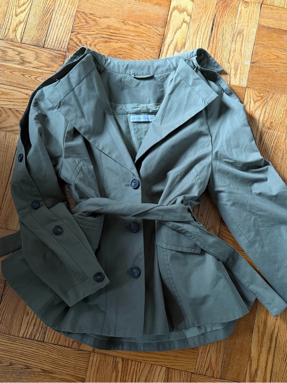 Palmer Harding Sculptural Button Closure Short Khaki Green Trench Coat